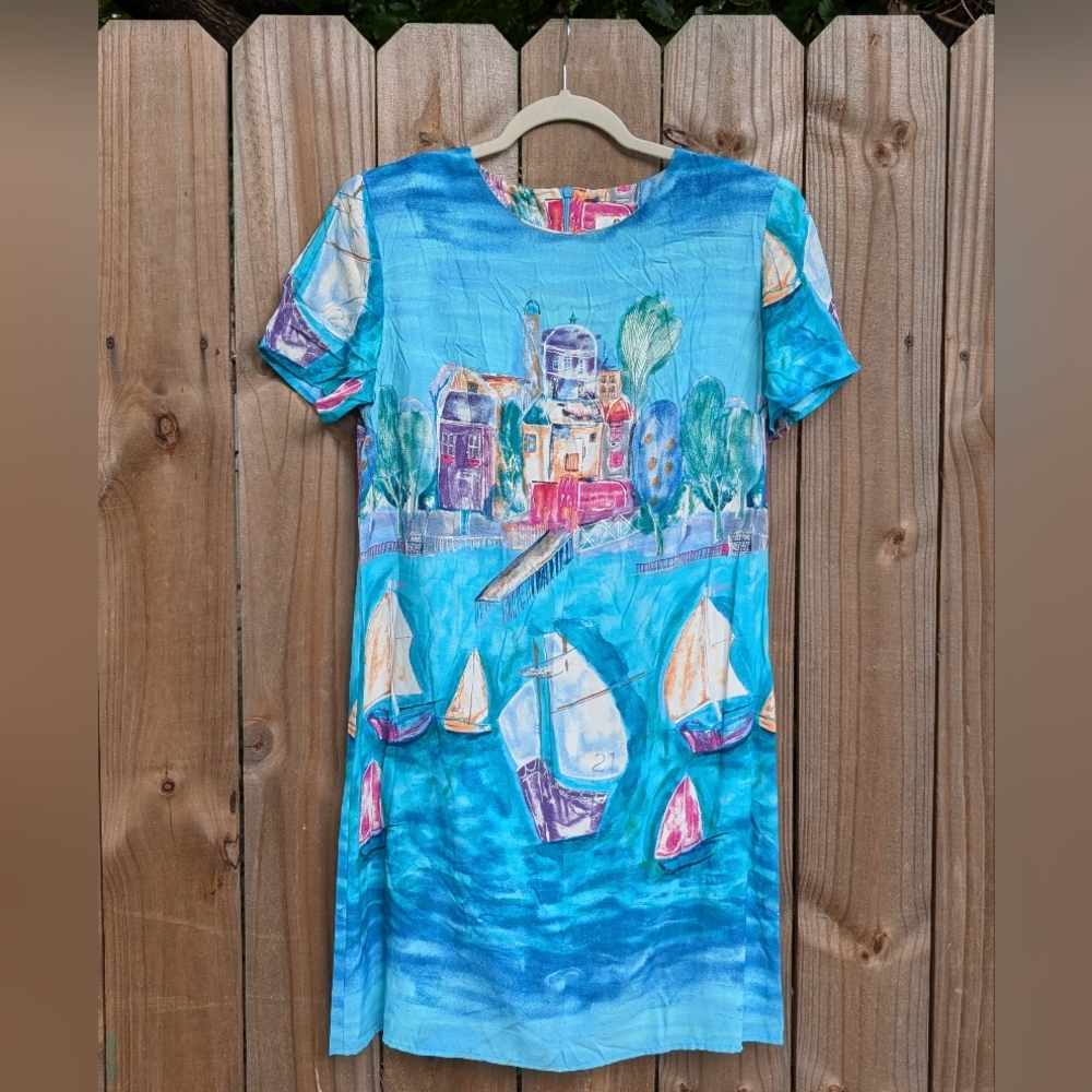 Vintage RJ Collection Chelsea Rousso Coastal Beach Sailboats Short Sleeve Dress